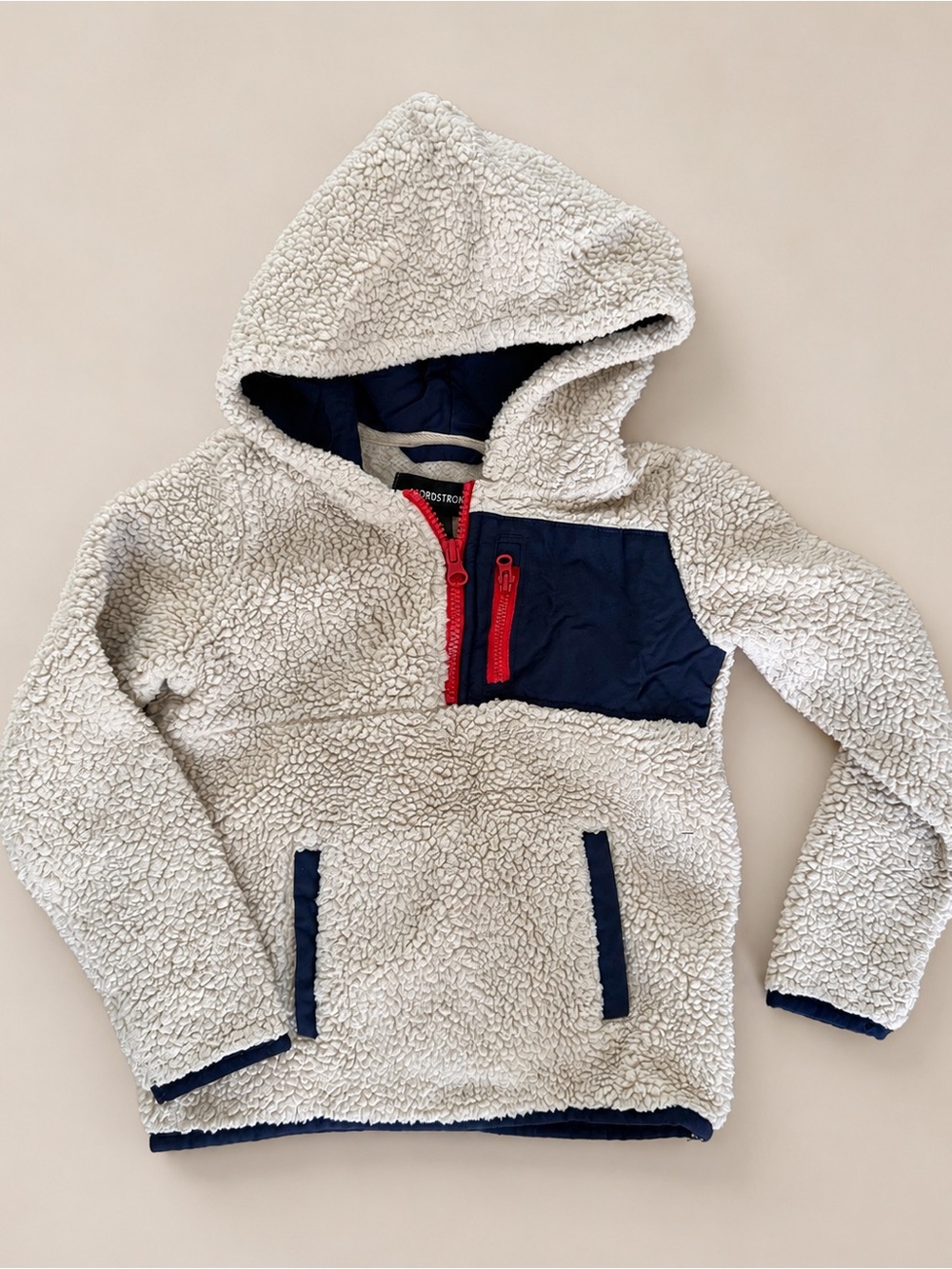 Nordstrom Kids Sherpa Fleece Hooded Pullover Jacket Cream Navy 4T